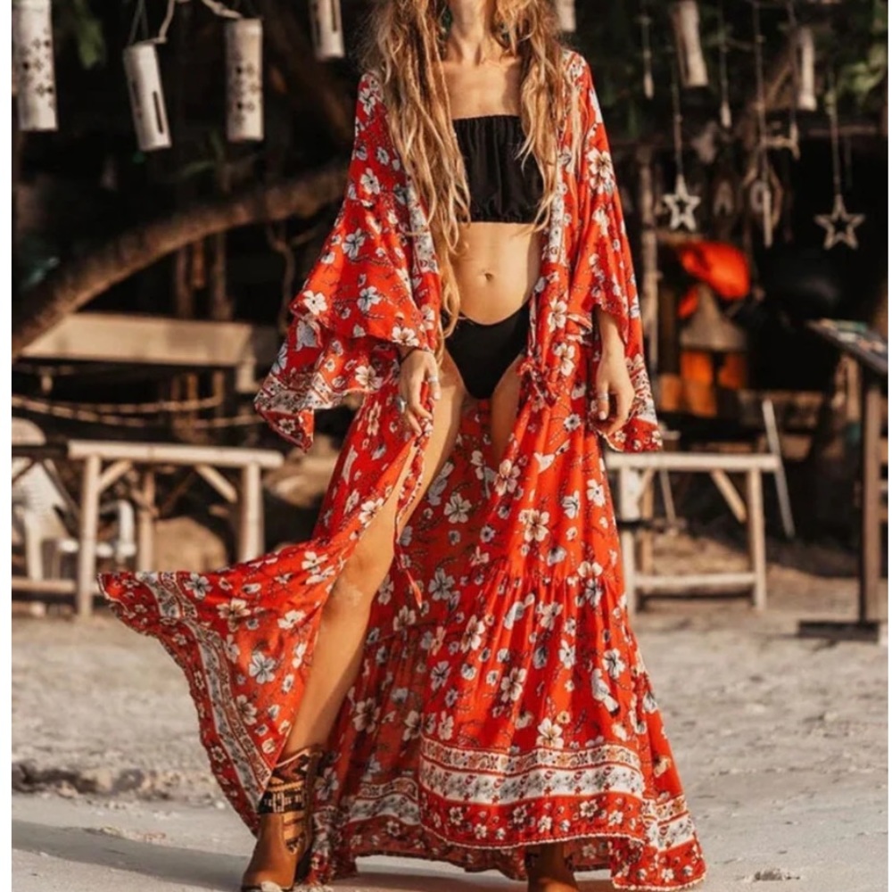 Vintage Floral Print Wrap Dress Kimono Robe Duster Cardigan - Picture 6 of 8